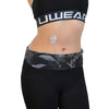 Adjustable waist belt for insulin pump, Dia-Belly Belt in black and grey print, worn comfortably by model.