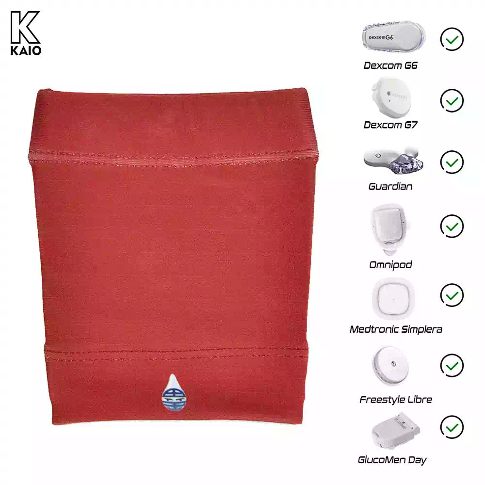 Children Blood Glucose Sensor Armband in red for secure sensor and pump protection during activities.