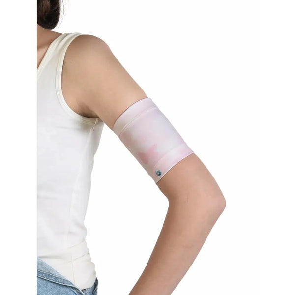 Armband holding glucose sensor, protecting monitoring device, comfortable fit for adults.