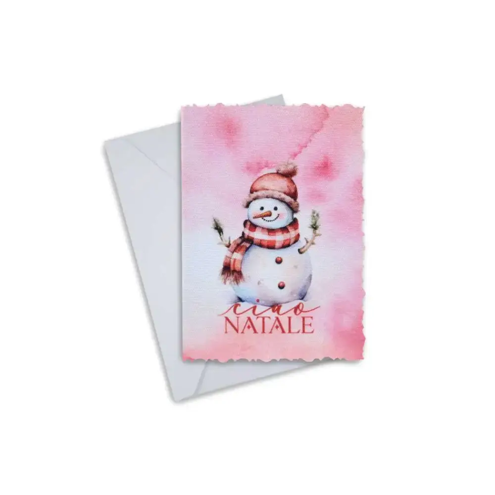 Elegant Christmas greeting card featuring a festive snowman design with “Buon Natale” text, set on high-quality canvas, includes an envelope.