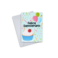 Diaversary greeting card with colorful balloons and a cupcake design.