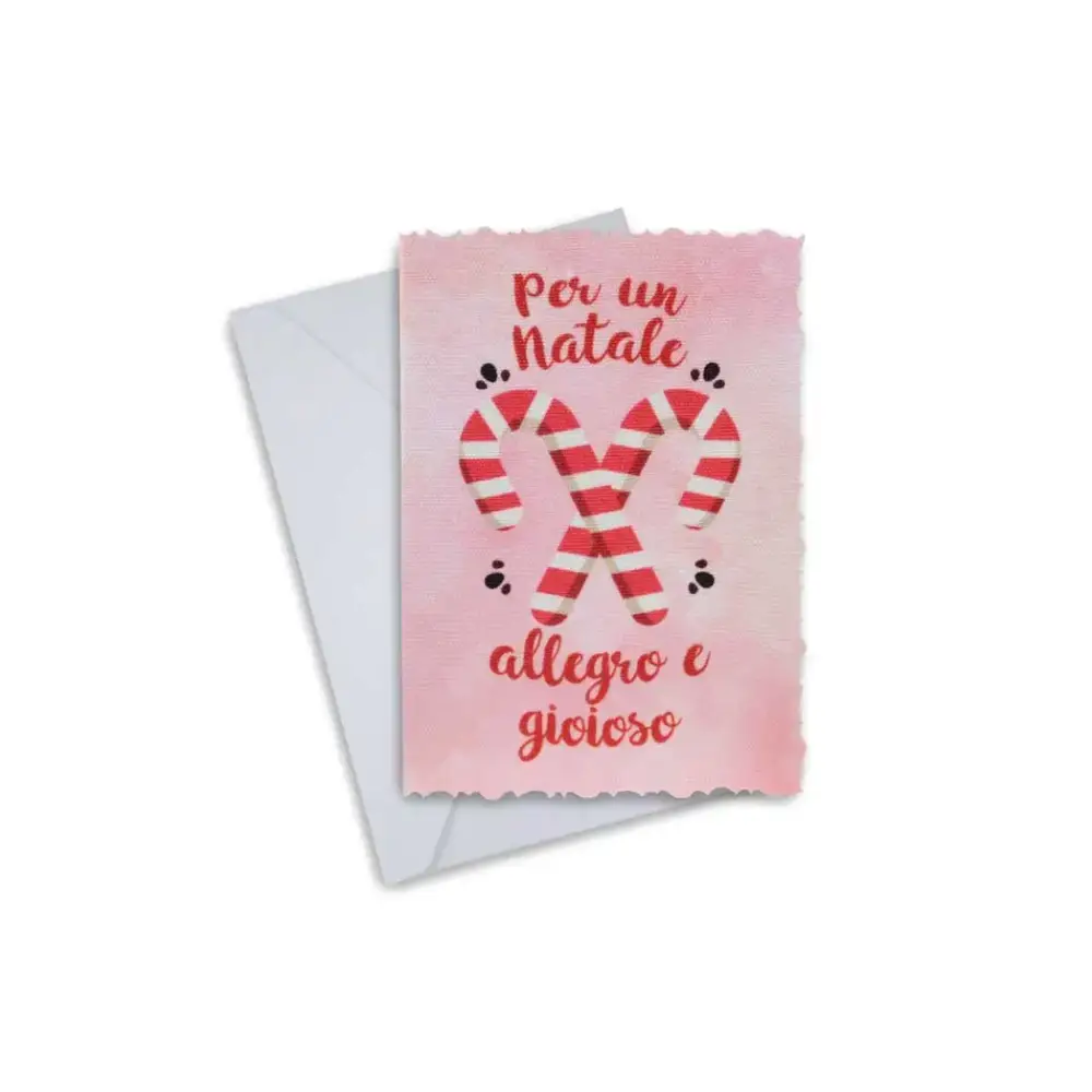 Elegant Christmas greeting card with candy cane design, featuring message in Italian, accompanied by white envelope.