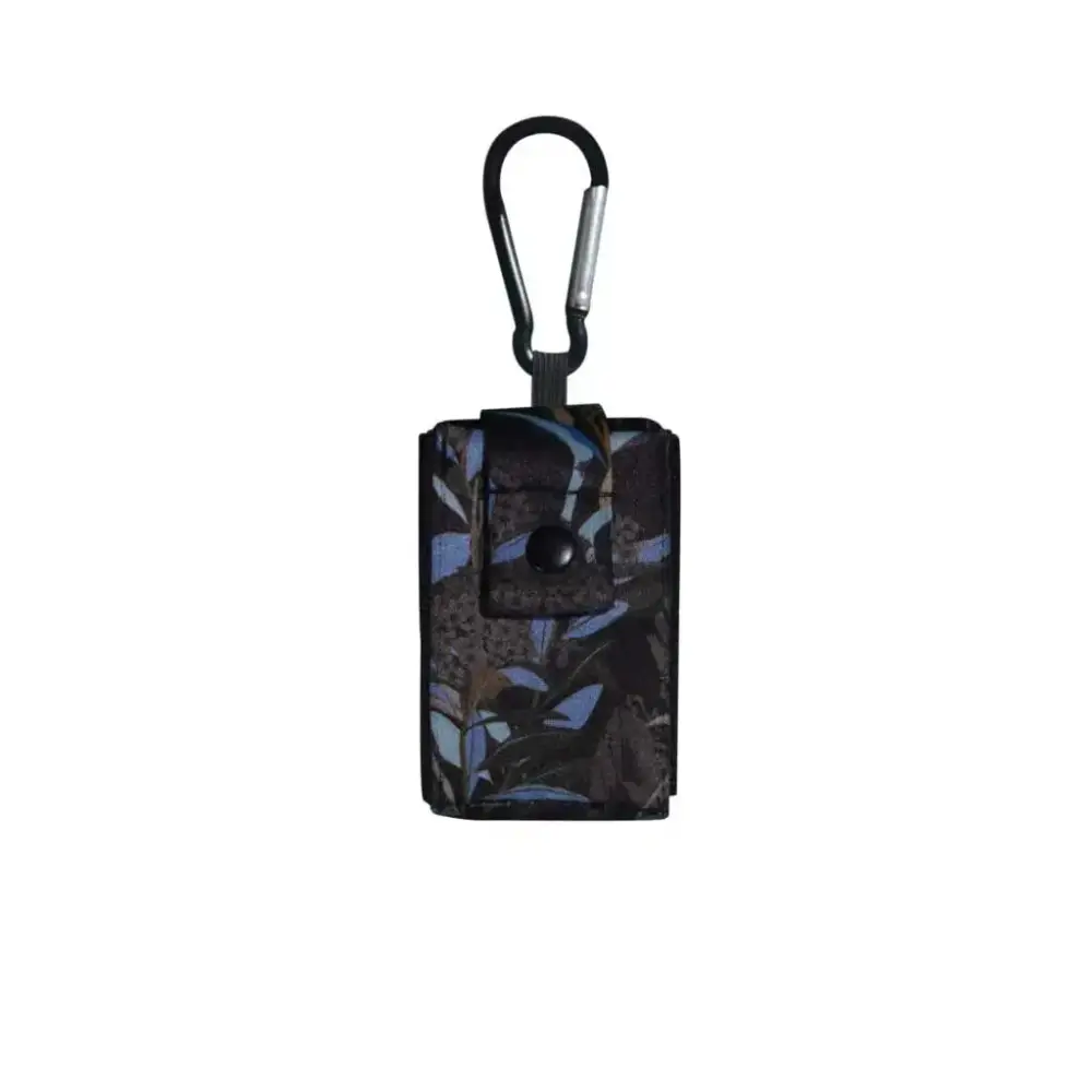 Compact insulin pump pouch with carabiner for secure attachment, compatible with Tandem t:slim X2 and Mobi.