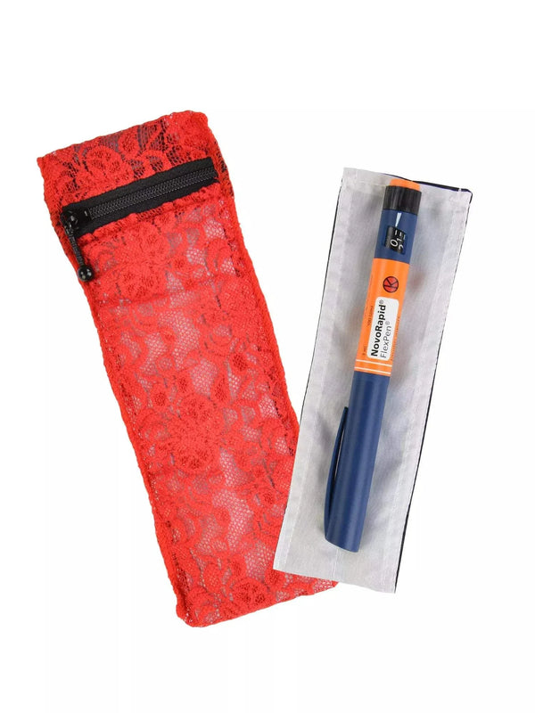 Insulin cooling wallet in red lace for 1 insulin pen, with blue pen beside it.