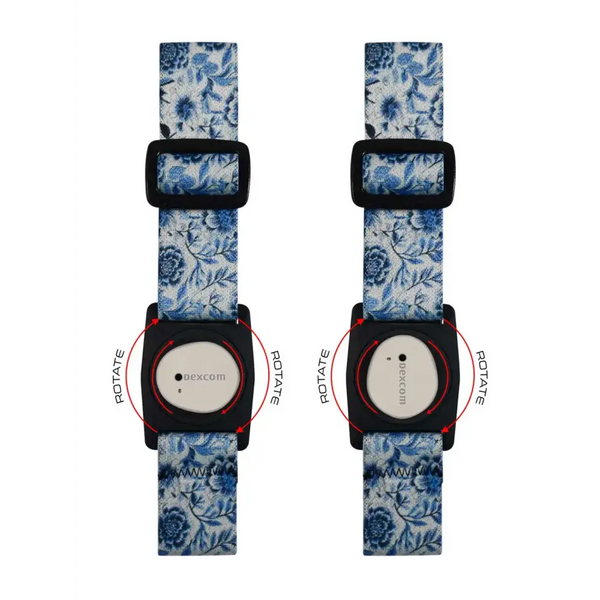 Two smartwatches with floral straps in Dexcom G7 Armband Summer Edition with Rotating Clip