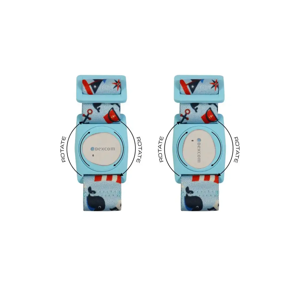 Light blue children’s watch with nautical pattern on Dia-Style Armband for Dexcom G7 Sensor