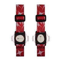 Red patterned Dexcom G7 Armband with rotating clip, featuring black buckles and white faces
