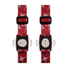 Red patterned Dexcom G7 Armband with rotating clip, featuring black buckles and white faces