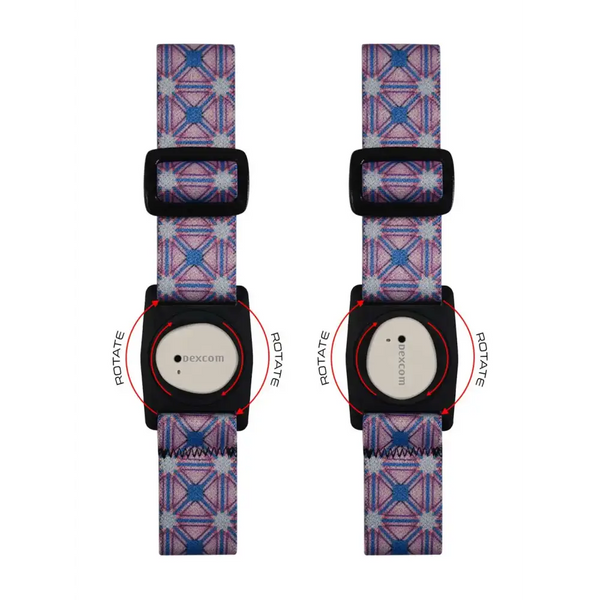 Dexcom G7 Armband with Rotating Clip featuring geometric pink and blue patterns Summer Edition