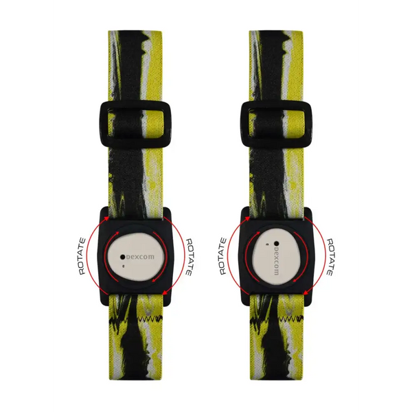Two identical digital watches with black bezels and yellow-black patterned straps
