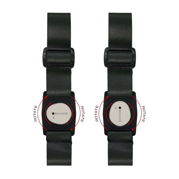 Dexcom G7 grey adjustable armband with rotating clip, elastic strap for sensor placement.