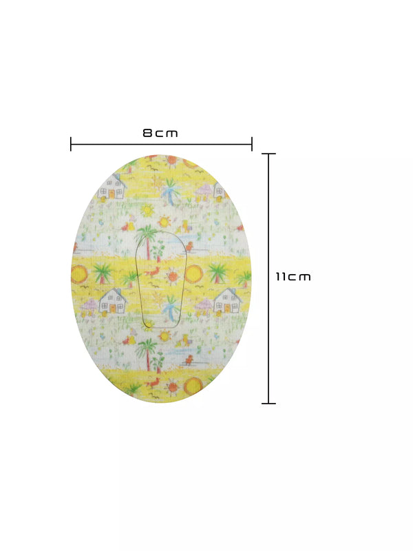 Adhesive patch for Dexcom G6 sensor featuring a nostalgic childhood memories design with dimensions of 8 cm x 11 cm.