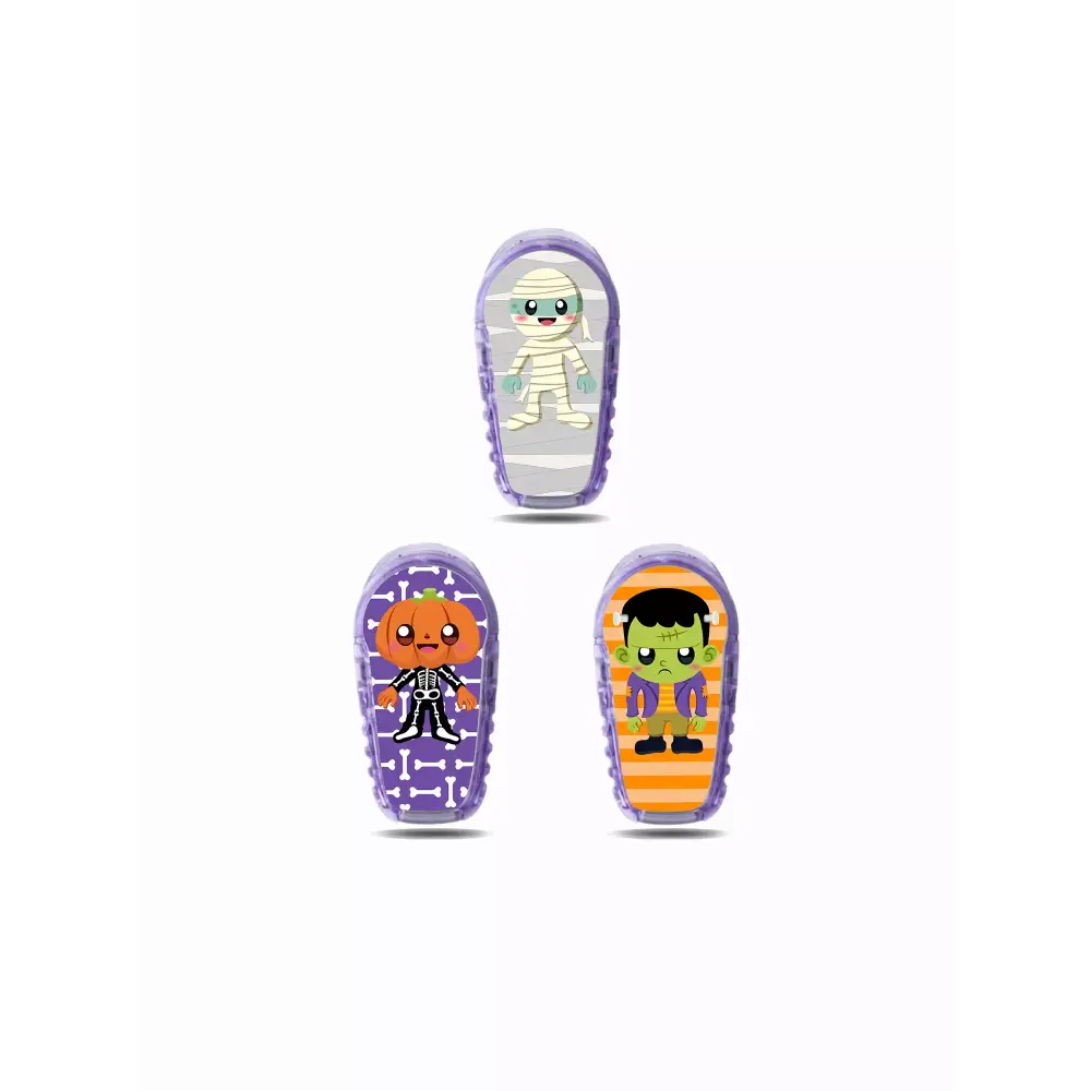 Dexcom G6 Halloween Stickers - Set of 3 featuring cute Halloween characters: mummy, pumpkin head, and Frankenstein on colorful backgrounds.