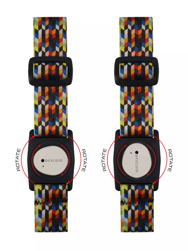 Colorful Dexcom G7 armband with rotating clip for secure sensor fit and stylish design.
