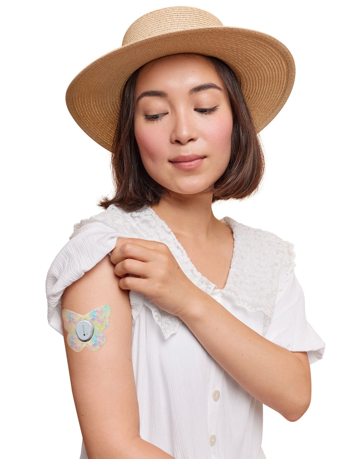 Dexcom G7用 固定パッチ、蝶型、女性の腕に装着