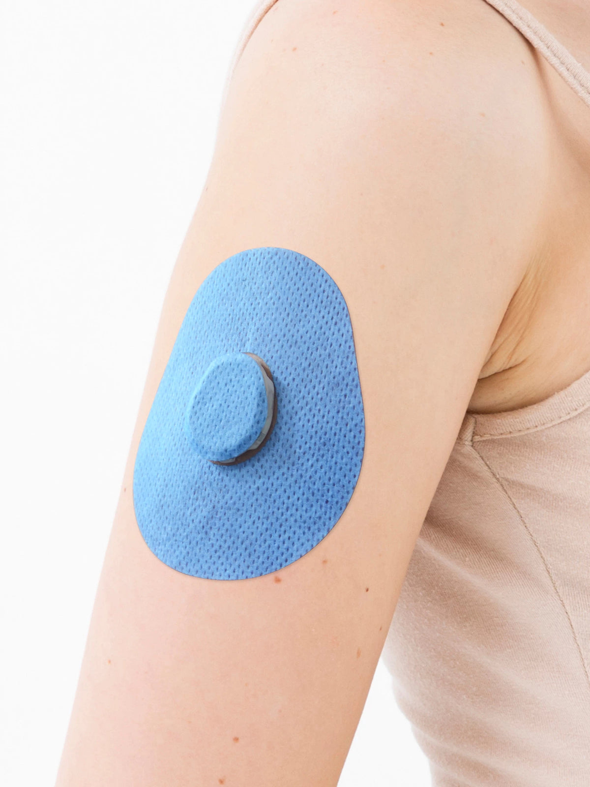 Dexcom G7用 固定パッチ、しずく型、腕に装着、クローズアップ