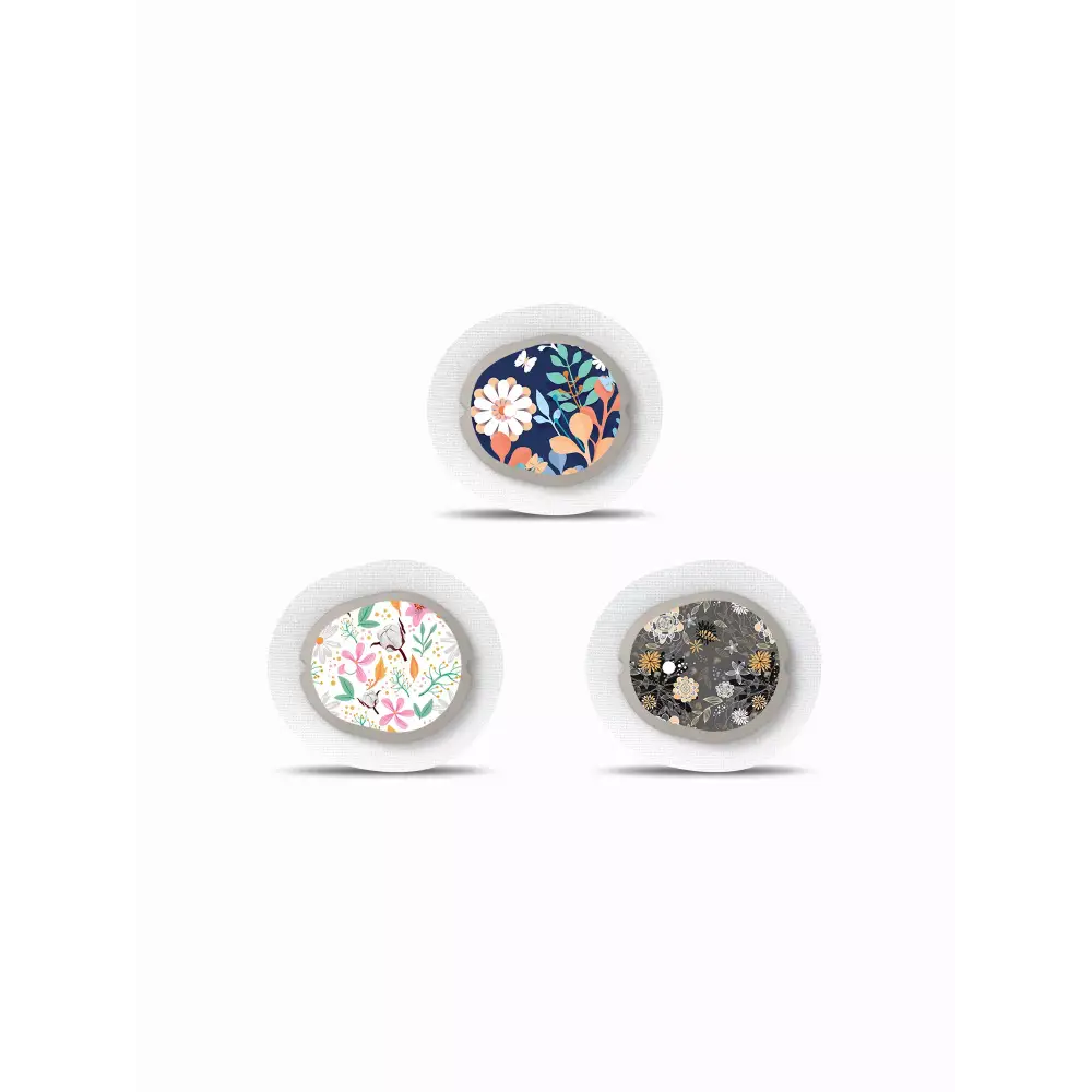 Dexcom G7 Stickers in Fun Vibes Flowers design. Customize your Dexcom G7 sensor with floral patterns. 3 stickers per pack. Non-removable.