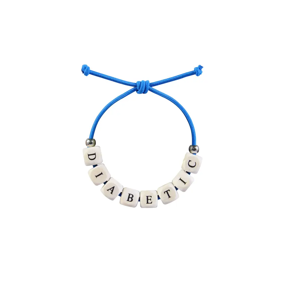 Diabetic bracelets for awareness with beaded design and blue cord.