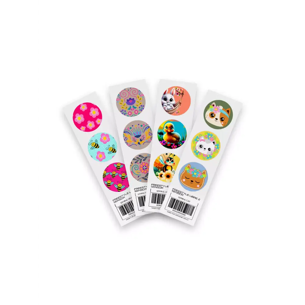Freestyle Libre 2 Sensor Stickers Spring Edition 2024 with colorful designs for personalization.
