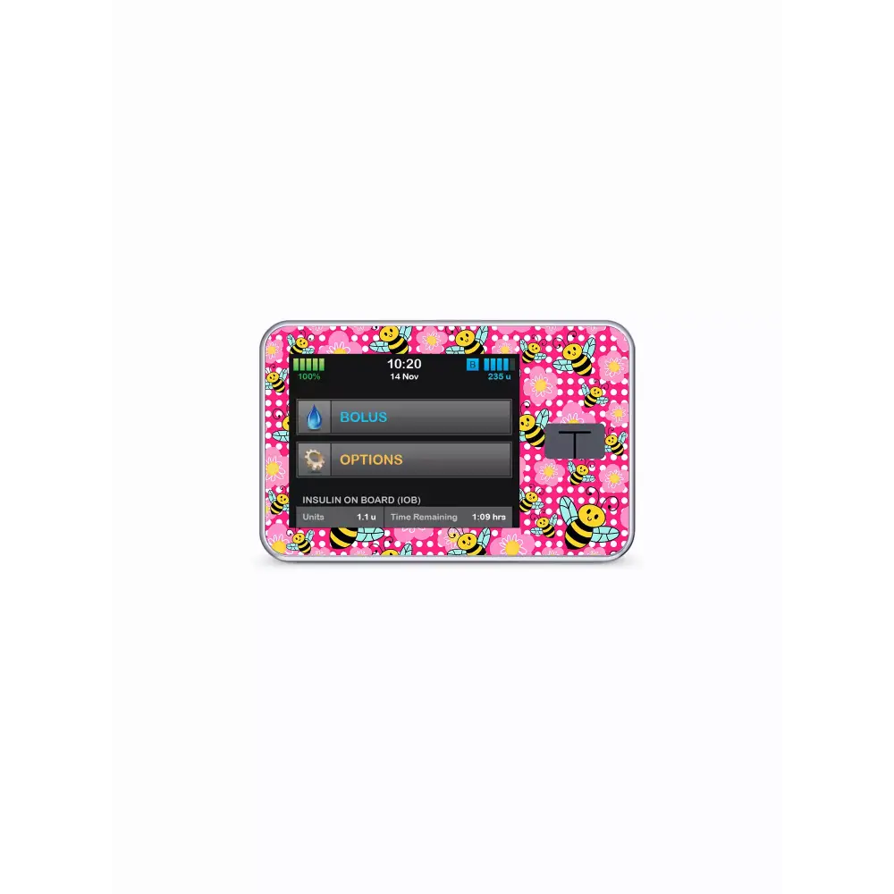 Tandem t:slim insulin pump with spring edition 2024 sticker featuring pink background and cheerful bees design