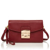 Red feminine leather shoulder bag for diabetics with gold-tone clasp and adjustable strap
