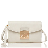 White feminine leather shoulder bag for diabetics with gold clasp and adjustable strap