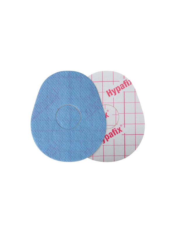 FreeStyle Libre 3 drop shape patch front and back view, showing printed fabric and adhesive side for sensor support