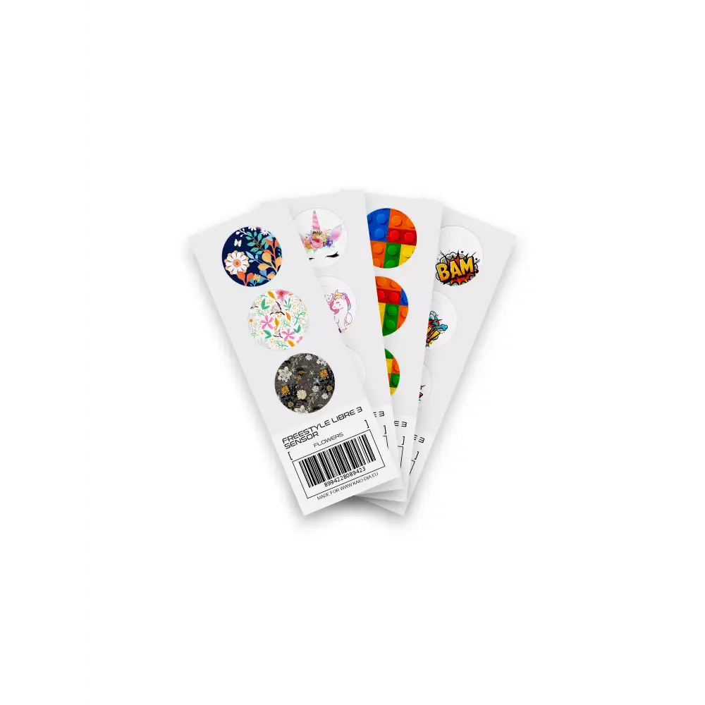Freestyle Libre 3 Stickers - Fun Vibes collection showcasing designs like BAM!, Lego, Unicorn, and Flowers. Customize and protect your CGM sensor with vibrant stickers.