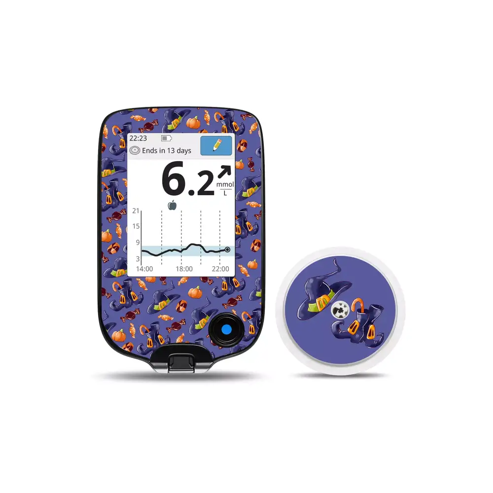 Freestyle Libre Reader and Sensor Stickers Halloween Edition with spooky designs.