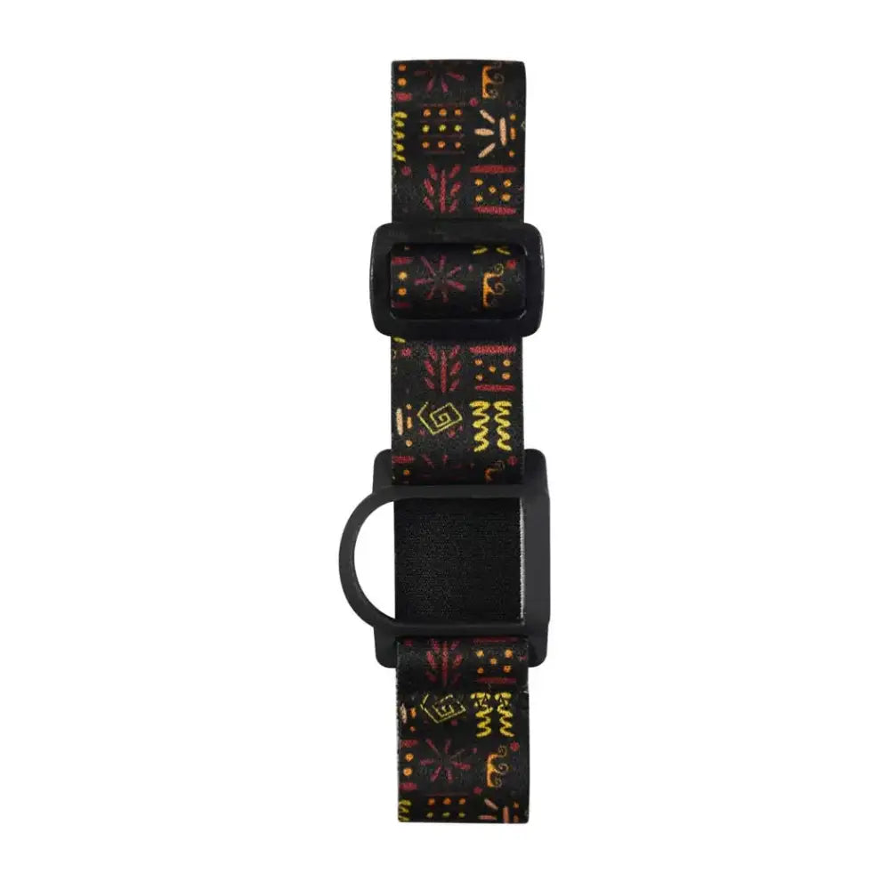 GlucoMen Day CGM adjustable armband with colorful tribal patterns and black sensor holder