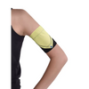 Yellow glucose monitor and insulin pump armband worn on upper arm with black and yellow design for active diabetes management