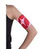 Glucose monitor and insulin pump armband in red and pink worn on upper arm for active diabetes management.