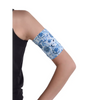 Blue floral glucose monitor and insulin pump armband worn on upper arm for active diabetes management.