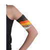 Glucose monitor and insulin pump armband with colorful striped design on arm for secure diabetes device placement.