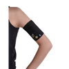 Glucose monitor and insulin pump armband in black with floral design worn on upper arm for secure diabetes device management
