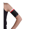 Black glucose monitor and insulin pump armband with red and white stripes worn on upper arm