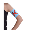 Glucose monitor and insulin pump armband in blue with red design worn on upper arm