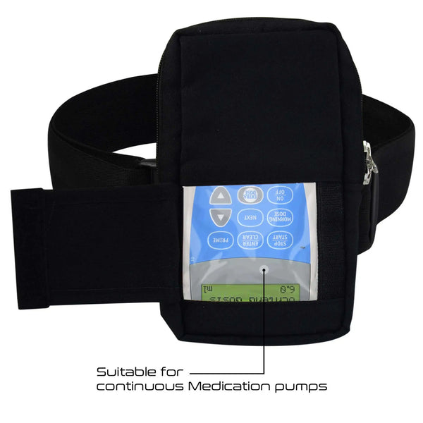 Black vertical infusion pump bag with adjustable waist belt and transparent window for portable pumps