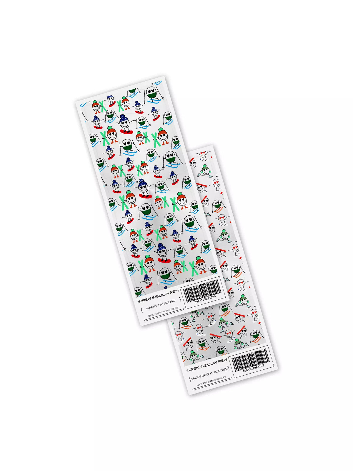 Winter-themed InPen insulin pen stickers featuring festive snowmen and reindeer designs, durable vinyl material.