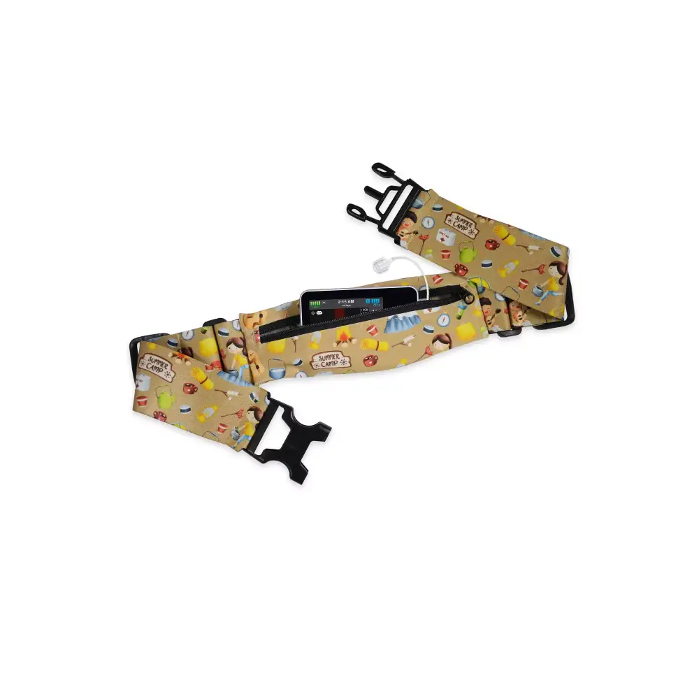 Insulin pump belt for kids with fun design, adjustable fit, and transparent window for easy access.