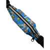 Insulin pump belt pouch for toddlers in blue with playful animal design and zipper closure.