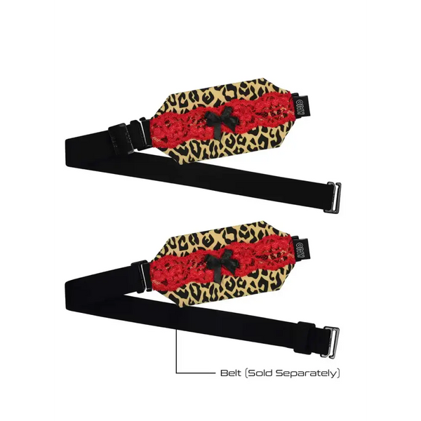 Elegant insulin pump pouch with lace detail, leopard print, and bow design; belt not included.