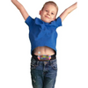 Insulin pump pouch with mesh window on child wearing blue shirt, showcasing secure and stylish design.