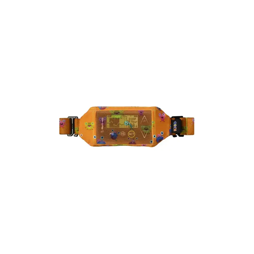 Insulin pump pouch with mesh window for easy monitoring and secure fit, orange design.