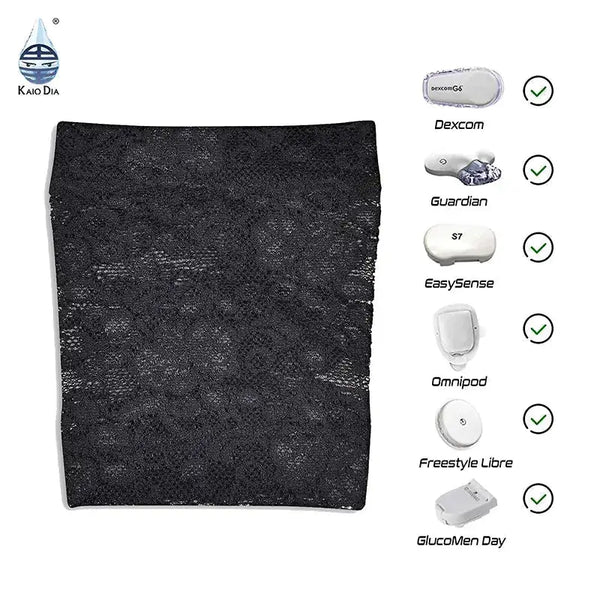 Lace Armband for CGM and Insulin Pump - Dia-Band SPACY LACY with device compatibility icons and lace design.
