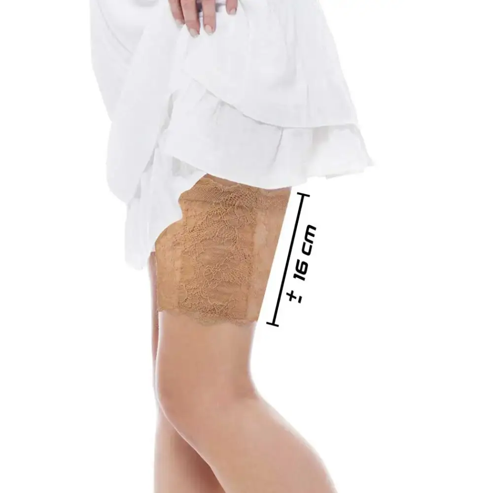 Taupe lace garter leg band for insulin pump discreetly worn on thigh under white dress