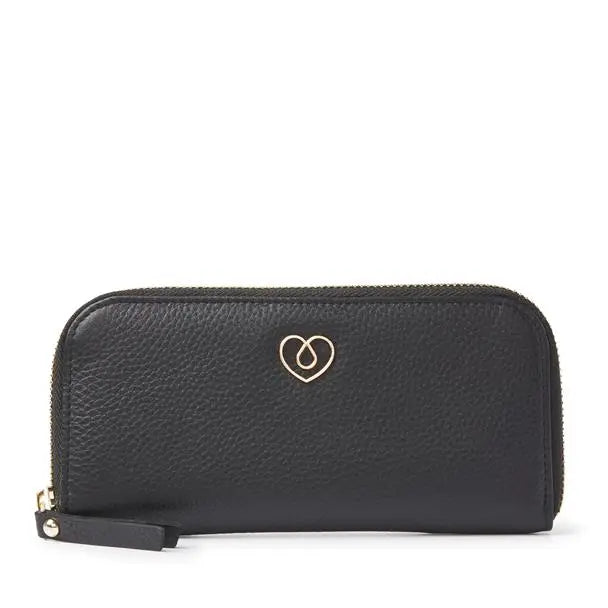 Elegant black leather diabetic case with heart emblem, ensuring stylish organization for diabetes care essentials.