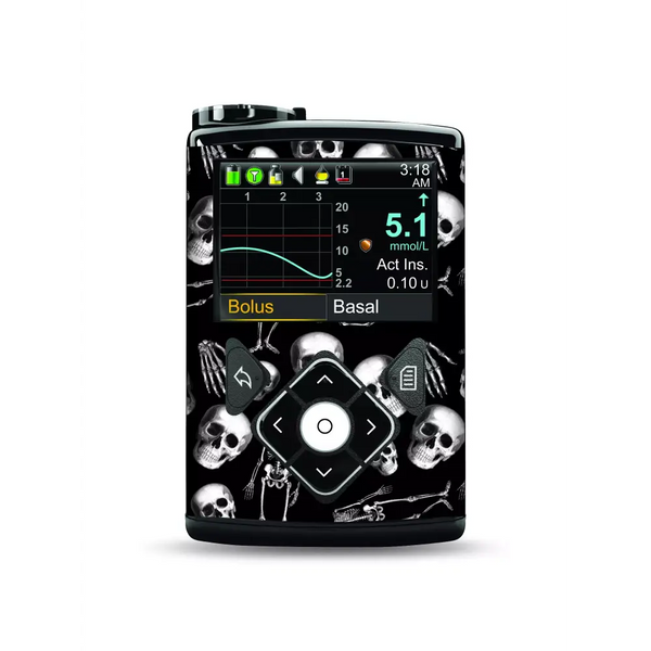 Medtronic Pump Stickers - Skeletons and skulls design on a black background.
