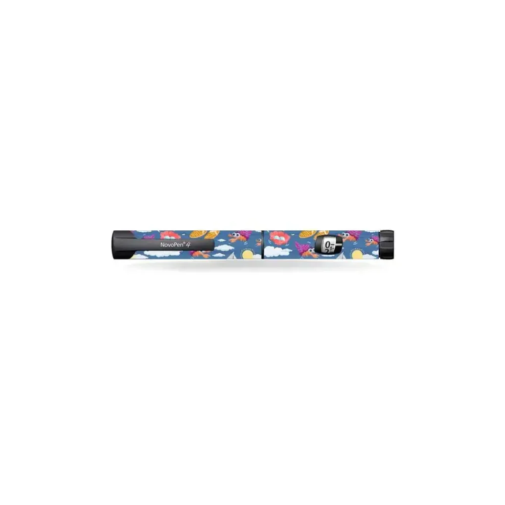 Novopen Echo insulin pen with vibrant kids' stickers from Summer Vibes series featuring playful designs.