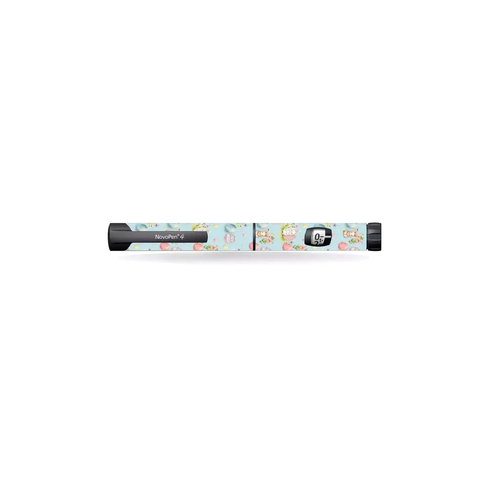 Insulin pen featuring a unicorn design with NovoPen Echo Stickers - Easter Edition 2025